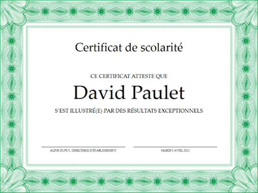Certificat de scolarité (formel, bordure verte)