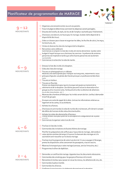 Planificateur de programmation de mariage Planificateur de programmation de mariage
