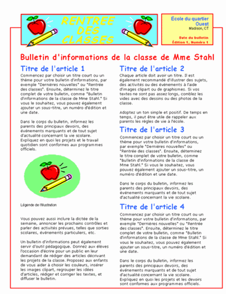 Bulletin d'informations d'une classe (2 colonnes, 2 pages)