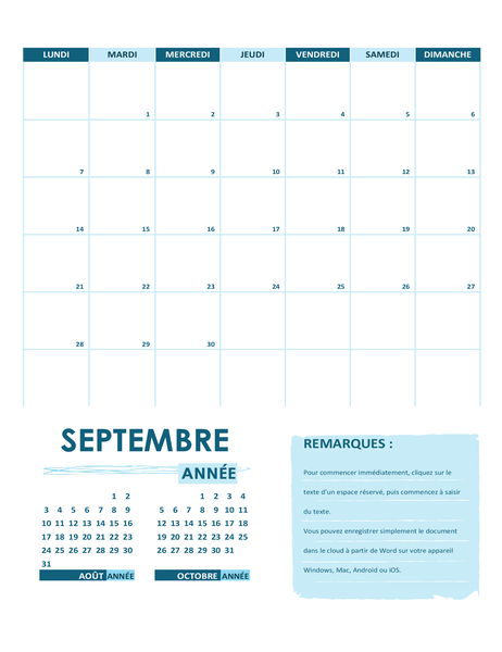 Calendrier scolaire (un mois, annuel, début de la semaine le lundi) Calendrier scolaire (un mois, annuel, début de la semaine le lundi)
