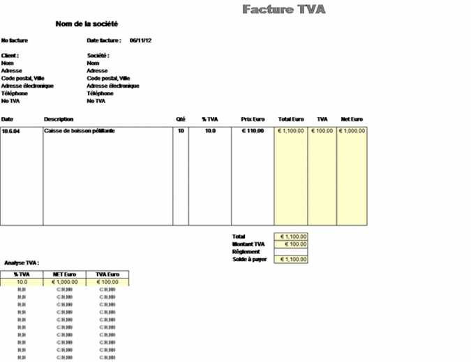 Facture TVA - prix toutes taxes comprises