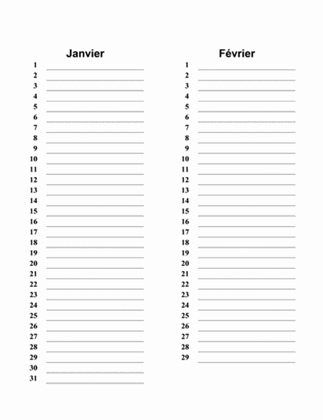 Calendrier anniversaires (6 pages)