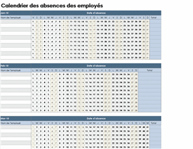 Calendrier des absences des employés 2010