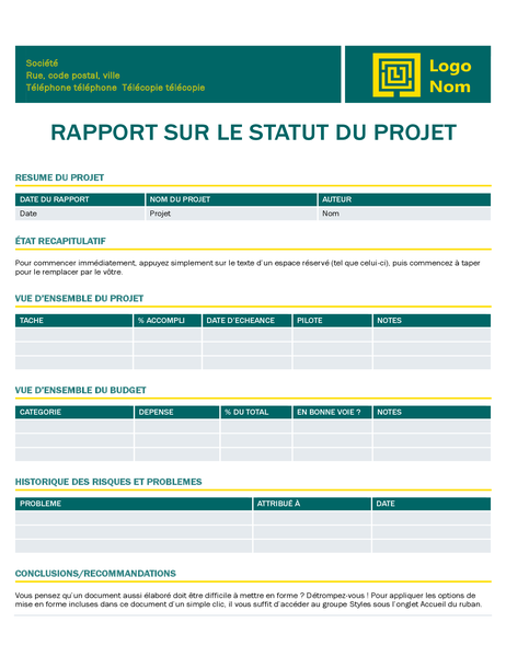 Rapport de statut de projet (création intemporelle) Rapport de statut de projet (création intemporelle)