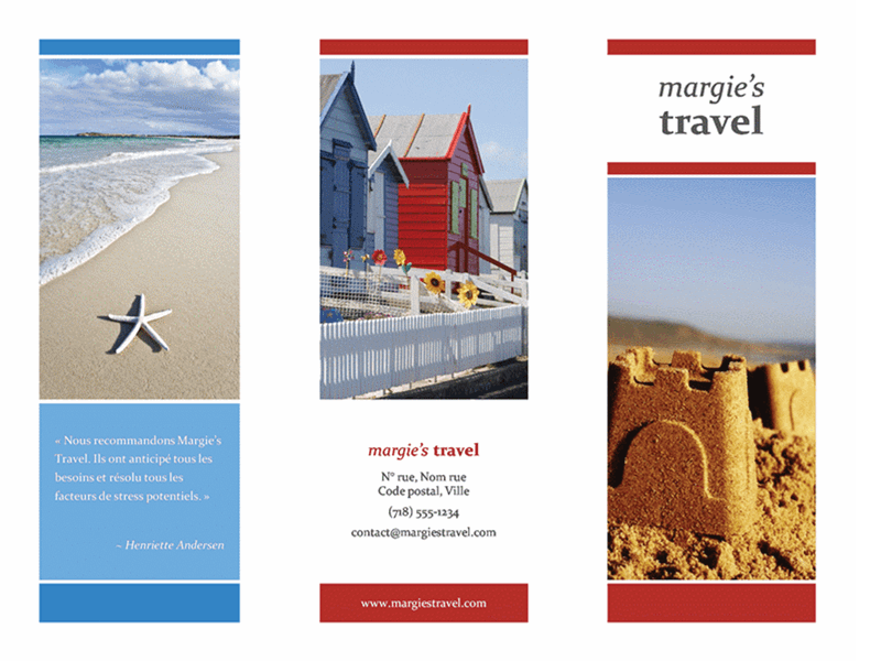 Brochure de voyage en trois parties (rouge, or, et bleu)