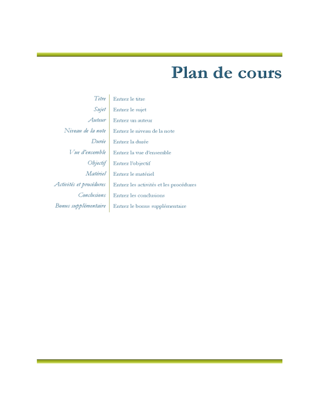 Plan de cours de l’enseignant Plan de cours de l’enseignant