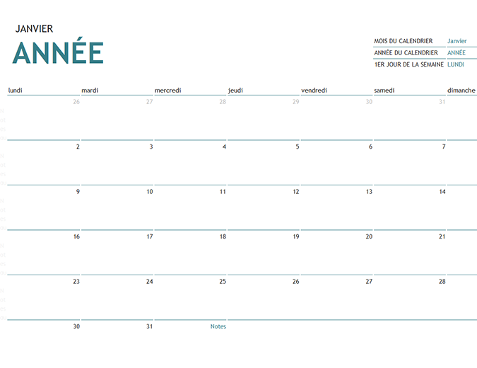 Calendrier sur un mois avec des notes Calendrier sur un mois avec des notes