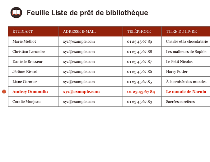 Feuille Liste de prêt de bibliothèque