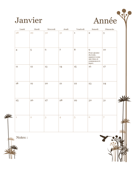 Calendrier sur 12 mois avec illustration colibris (lun. – dim.) Calendrier sur 12 mois avec illustration colibris (lun. – dim.)