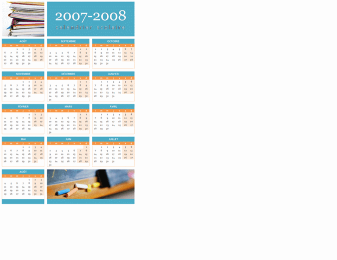 Calendrier scolaire 2007-2008 (1 page, lun-dim)