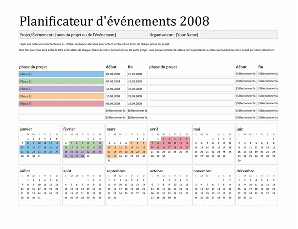 Planificateur d'événements 2008 (Lun-Dim)