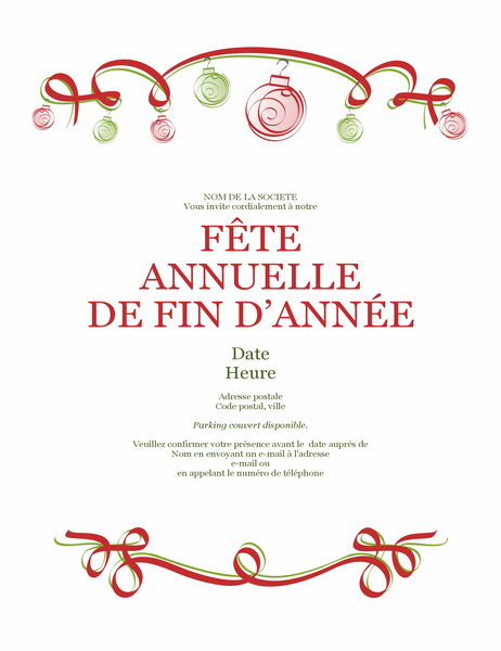 Invitation à une fête de fin d’année avec ornements et ruban rouge (conception formelle) Invitation à une fête de fin d’année avec ornements et ruban rouge (conception formelle)