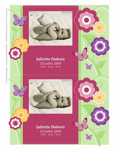 Cartes de faire-part de naissance avec photo (modèle fleurs)