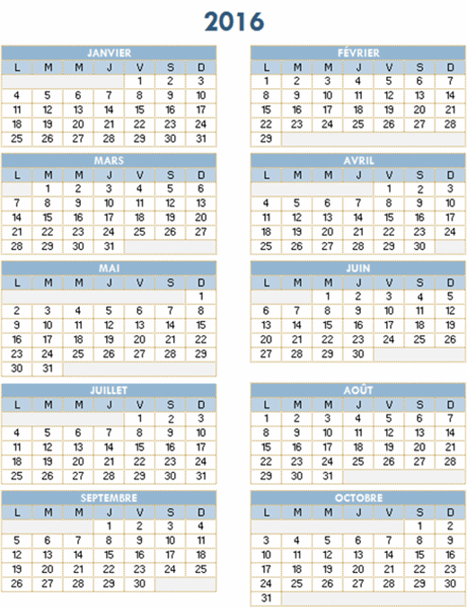 Calendrier annuel 2016-2025