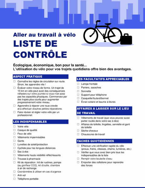 Liste de contrôle Trajets domicile-travail à vélo