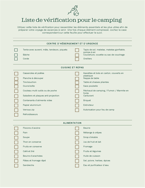 Liste de contrôle Camping Liste de contrôle Camping