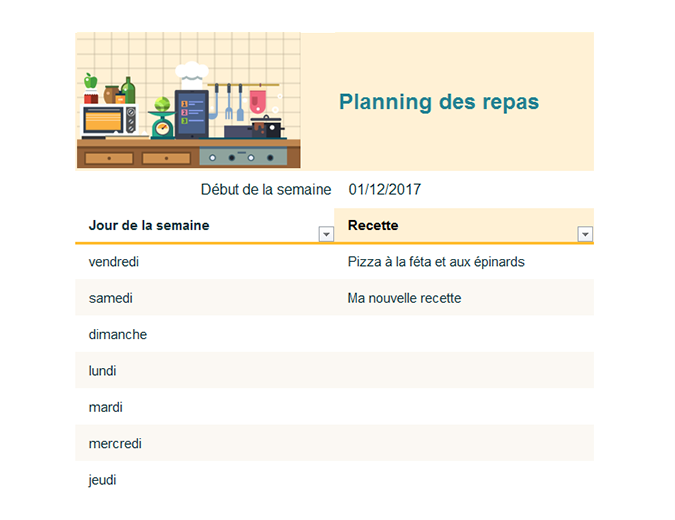 Planning des repas hebdomadaires Planning des repas hebdomadaires