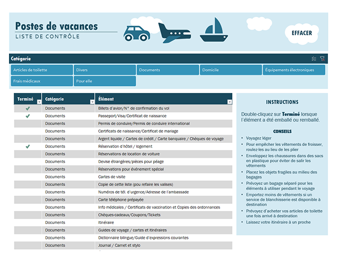 Liste de contrôle « vacances » Liste de contrôle « vacances »