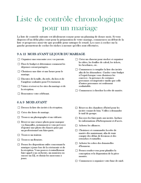 Liste de contrôle chronologique pour un mariage Liste de contrôle chronologique pour un mariage