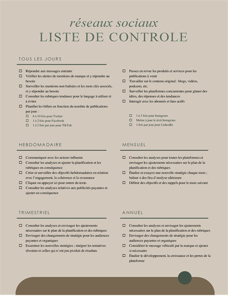 Liste de contrôle pour les réseaux sociaux Liste de contrôle pour les réseaux sociaux