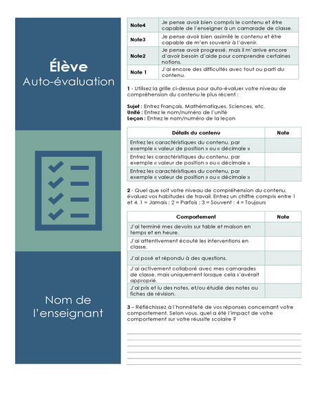 Auto-évaluation des élèves Auto-évaluation des élèves