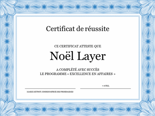 Certificat de réussite (bleu) Certificat de réussite (bleu)