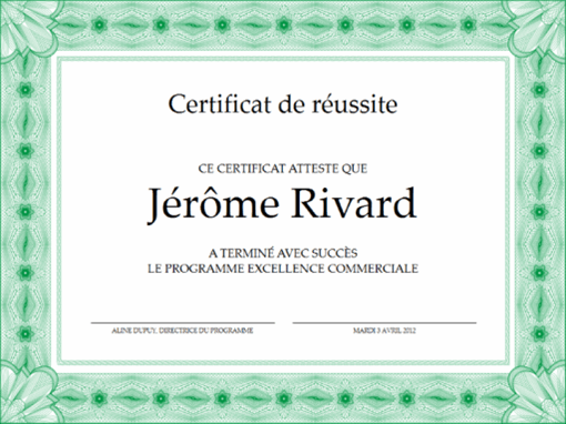 Certificat de réussite (vert)