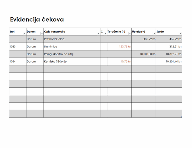 Evidencija čekova (jednostavna)
