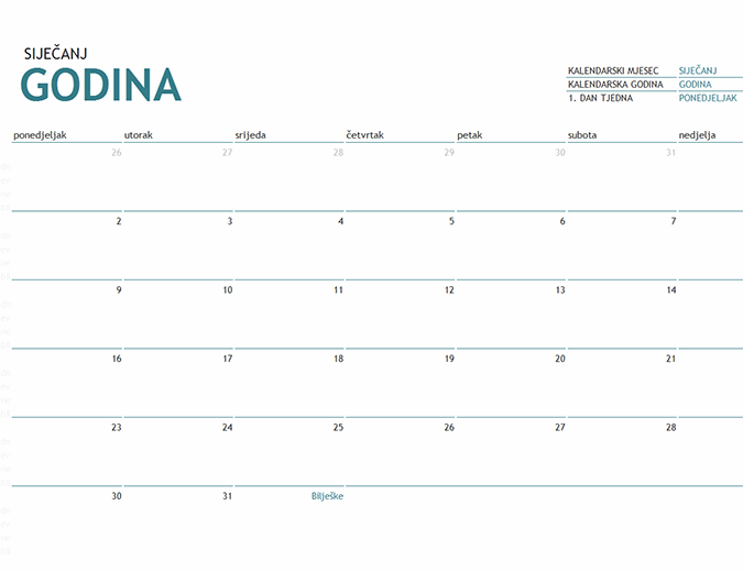 Kalendar za jedan mjesec s bilješkama za bilo koju godinu