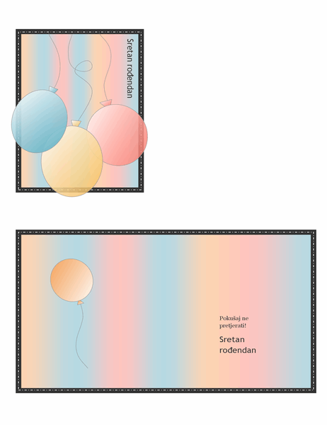 Rođendanska čestitka (s balonima i prugama, prijelom na četiri dijela)