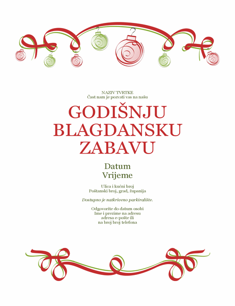 Pozivnica za blagdansku zabavu s ukrasima i crvenom vrpcom (službeni dizajn) Pozivnica za blagdansku zabavu s ukrasima i crvenom vrpcom (službeni dizajn)