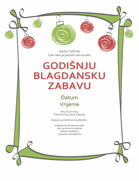 Pozivnica za blagdanski domjenak s ukrasima i vijugavim obrubom (neformalni dizajn) Pozivnica za blagdanski domjenak s ukrasima i vijugavim obrubom (neformalni dizajn)