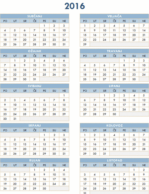 Godišnji kalendar za razdoblje 2016 – 2025