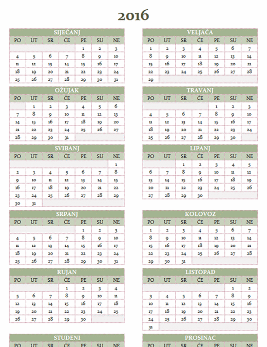 Godišnji kalendar za razdoblje 2016 – 2025 (pon. – ned.)
