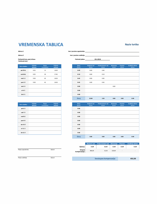 Tjedna vremenska tablica Tjedna vremenska tablica