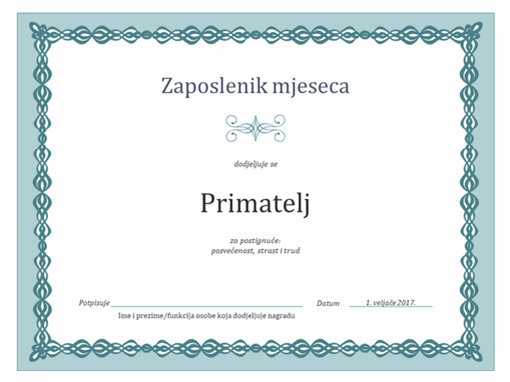 Certifikat za zaposlenika mjeseca (dizajn s plavim lancem) Certifikat za zaposlenika mjeseca (dizajn s plavim lancem)