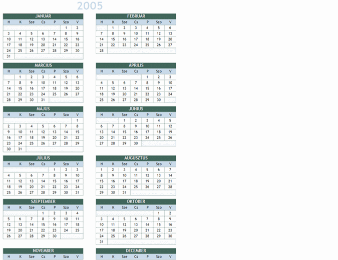 2005–2014. évi naptár (hétfő–vasárnap)
