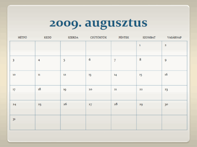 Naptár a 2009–2010. tanévre (13 oldal, hétfőtől vasárnapig)