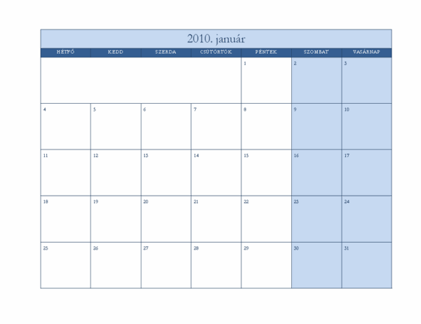 2010. évi naptár (klasszikus kék látványterv, hétfő–vasárnap)