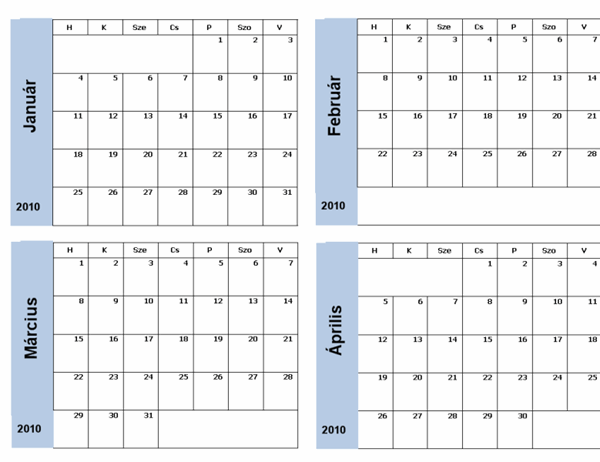 2010. évi naptár kék szegéllyel (3 oldal, hétfő–vasárnap)