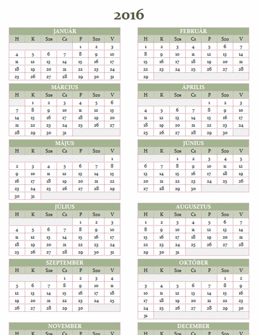 2016–2025-es éves naptár (hétfő–vasárnap)