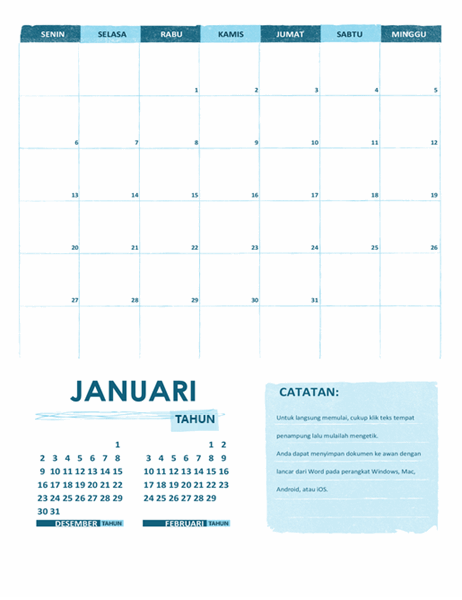 Kalender akademik (satu bulan, tahun kapan saja, diawali hari Senin)
