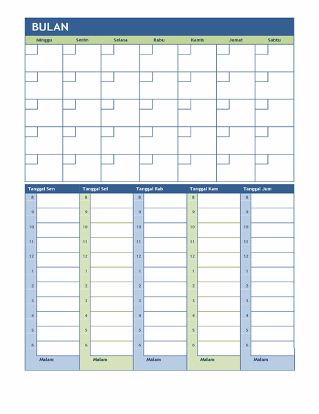 Kalender perencanaan bulanan dan mingguan