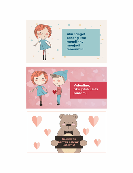 Valentine untuk anak-anak (12 desain, 3 per halaman)