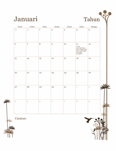 Kalender 12 bulan burung kolibri (Sen-Min)