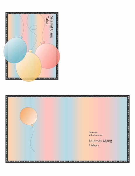Kartu ucapan Selamat Ulang Tahun (dengan balon dan garis, empat lipatan)