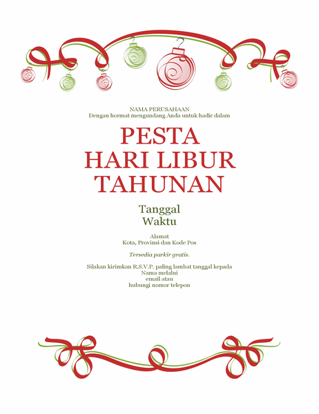 Selebaran pesta natal dengan hiasan dan pita berwarna merah (Desain formal) Selebaran pesta natal dengan hiasan dan pita berwarna merah (Desain formal)