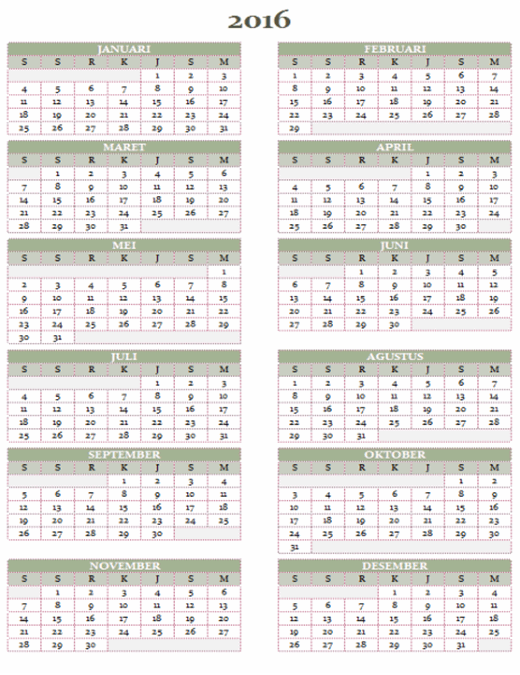 Kalender tahunan 2016-2025 (Sen-Min)