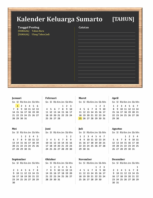 Kalender keluarga (semua tahun, Sen-Min)