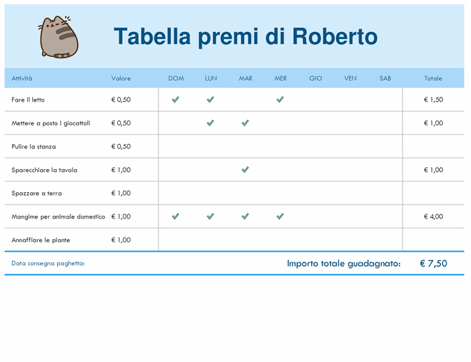 Tabella premi per le faccende domestiche